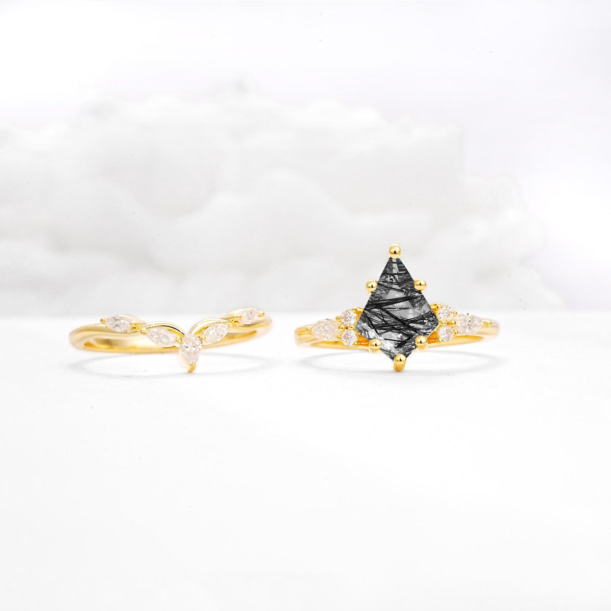 Kite Cut Black Rutilated Quartz Engagement Ring Set with Lotus Tiara Enhancer - White-Gold