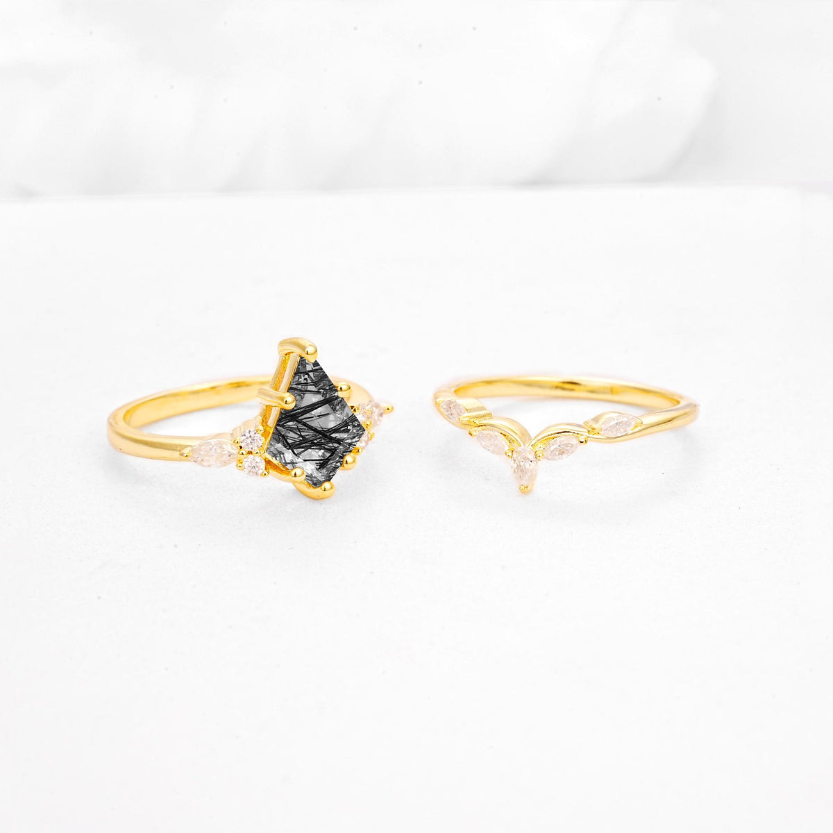 Kite Cut Black Rutilated Quartz Engagement Ring Set with Lotus Tiara Enhancer - Additional view