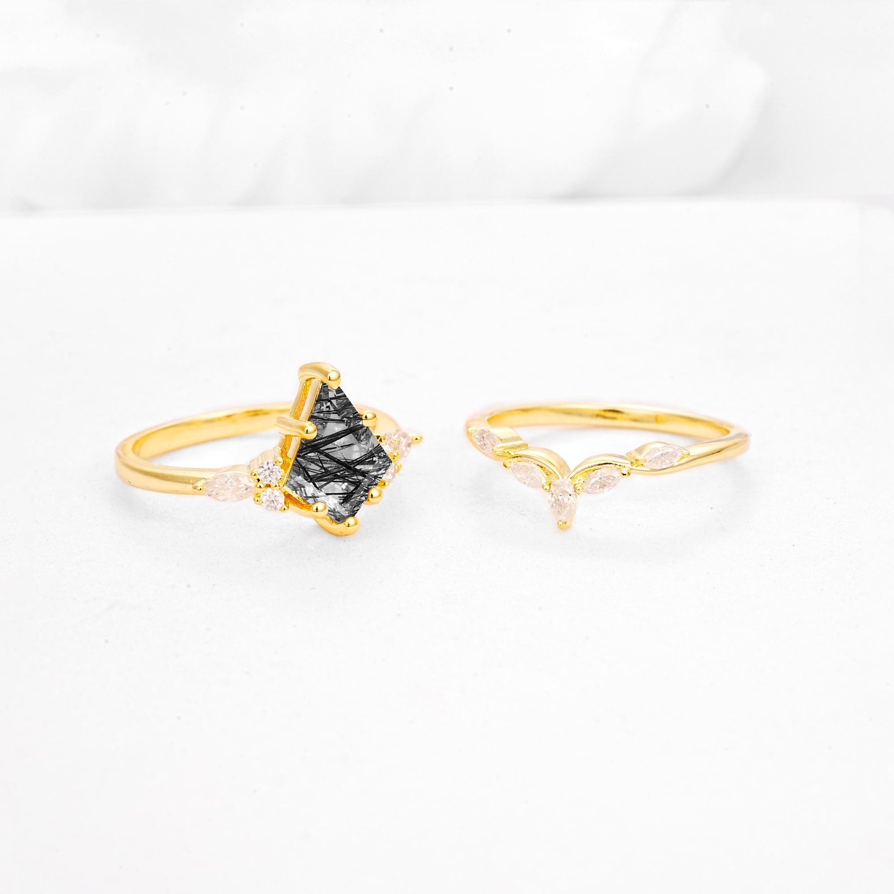 Kite Cut Black Rutilated Quartz Engagement Ring Set with Lotus Tiara Enhancer - Additional view