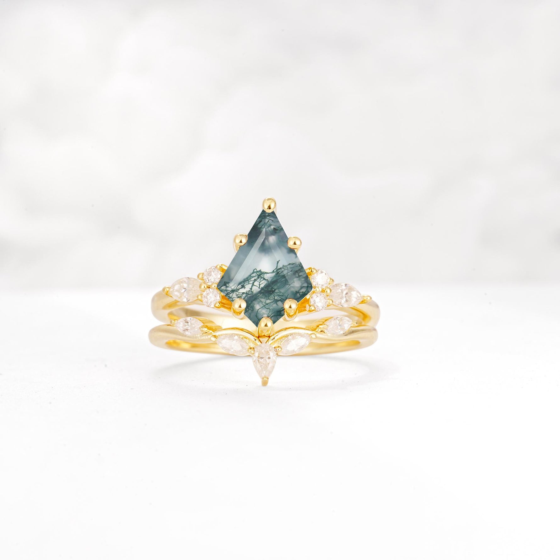 Kite Cut Moss Agate Engagement Ring Set with Lotus Tiara Enhancer - Yellow-Gold