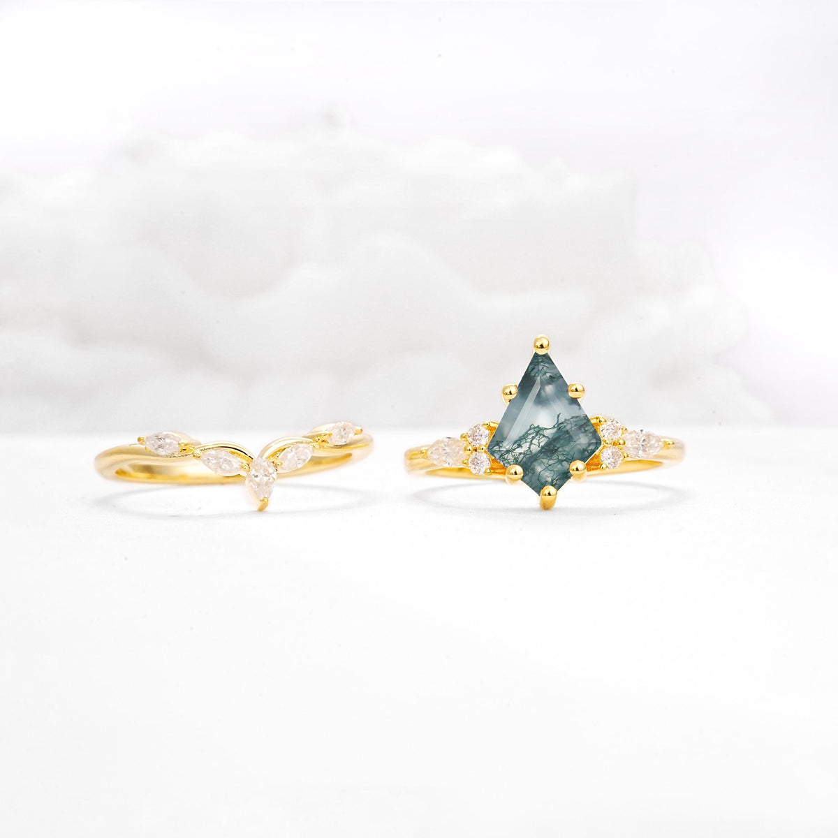 Kite Cut Moss Agate Engagement Ring Set with Lotus Tiara Enhancer - White-Gold
