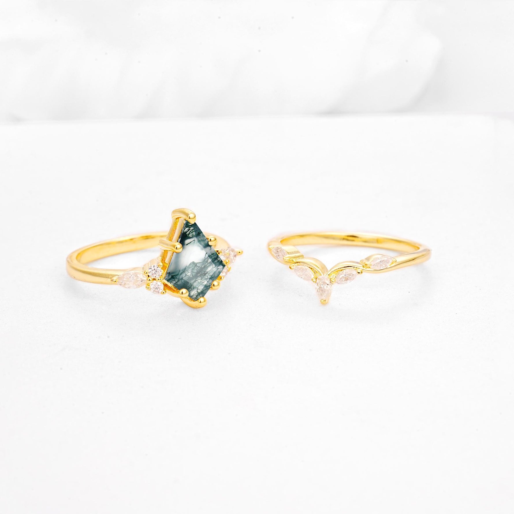 Kite Cut Moss Agate Engagement Ring Set with Lotus Tiara Enhancer - Additional view