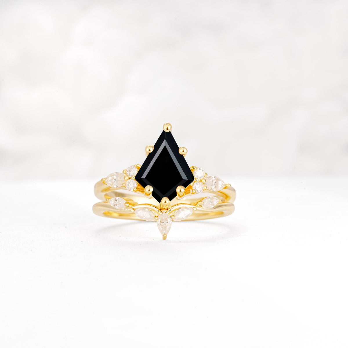 Kite Cut Black Onyx Engagement Ring Set with Lotus Tiara Enhancer - Yellow-Gold