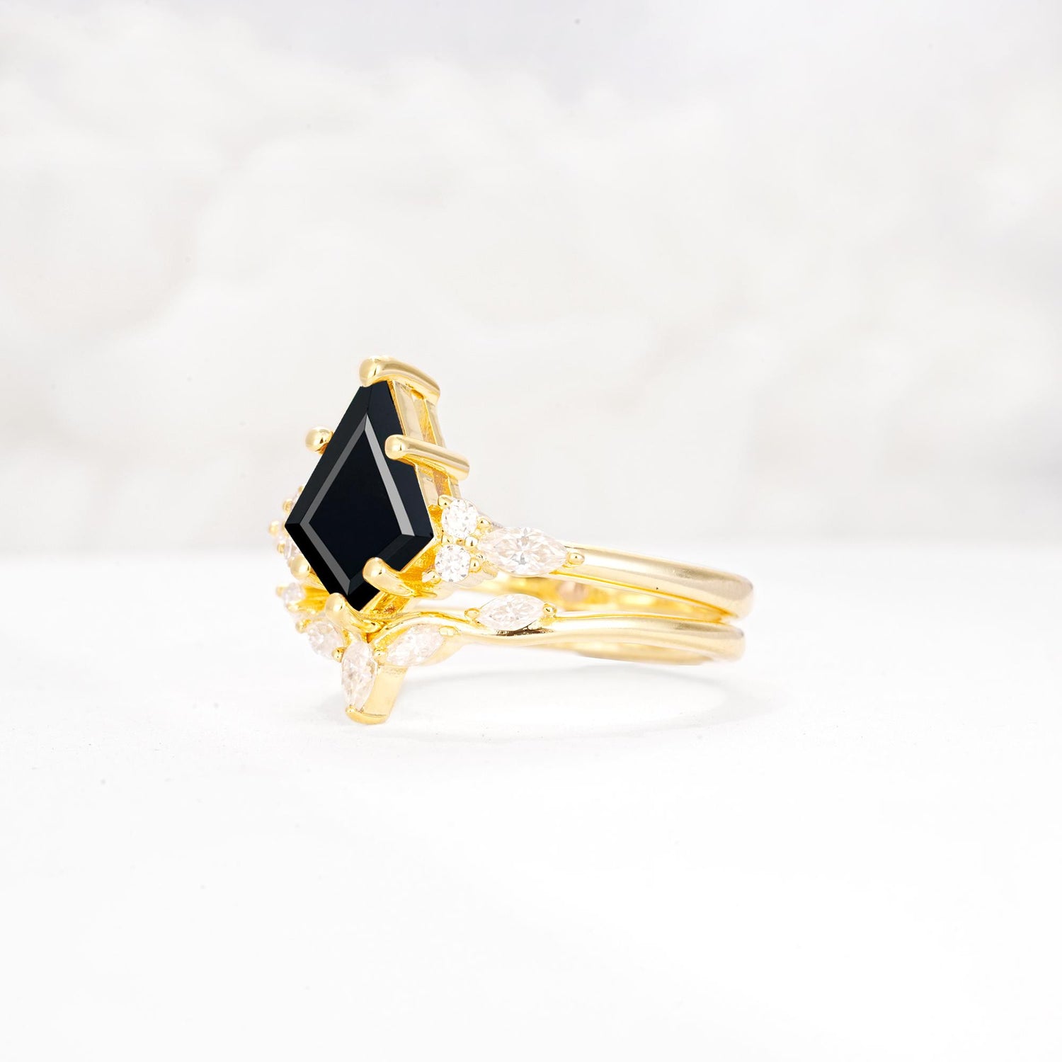 Kite Cut Black Onyx Engagement Ring Set with Lotus Tiara Enhancer - Rose-Gold