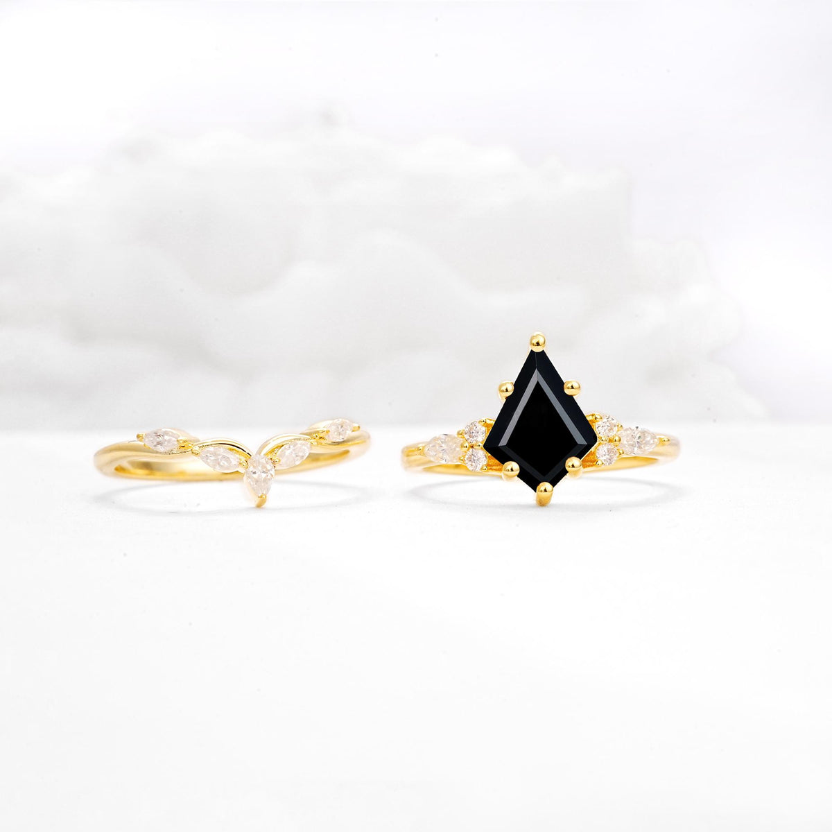 Kite Cut Black Onyx Engagement Ring Set with Lotus Tiara Enhancer - White-Gold