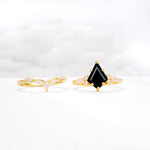 Kite Cut Black Onyx Engagement Ring Set with Lotus Tiara Enhancer - White-Gold