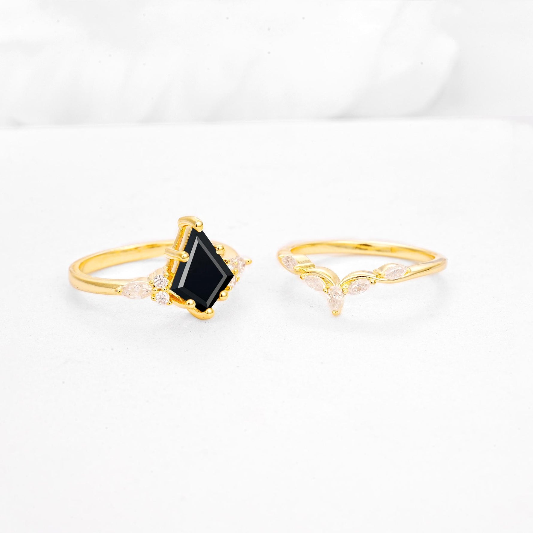 Kite Cut Black Onyx Engagement Ring Set with Lotus Tiara Enhancer - Additional view