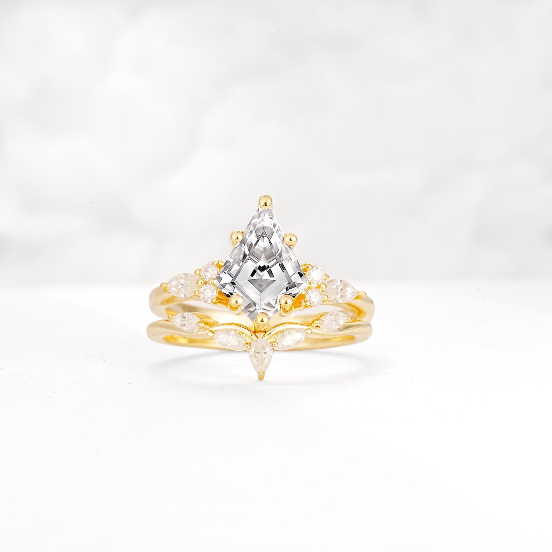 Kite Cut Lab Diamond Engagement Ring Set with Lotus Tiara Enhancer - Yellow-Gold