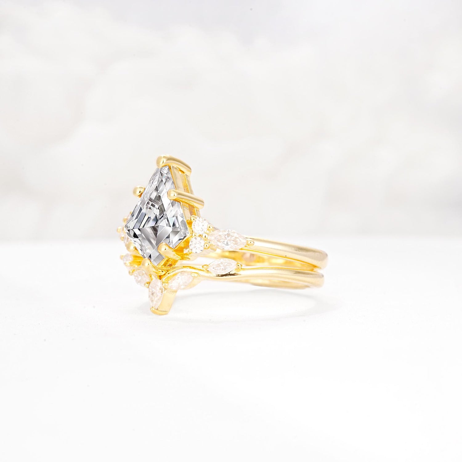 Kite Cut Lab Diamond Engagement Ring Set with Lotus Tiara Enhancer - Rose-Gold
