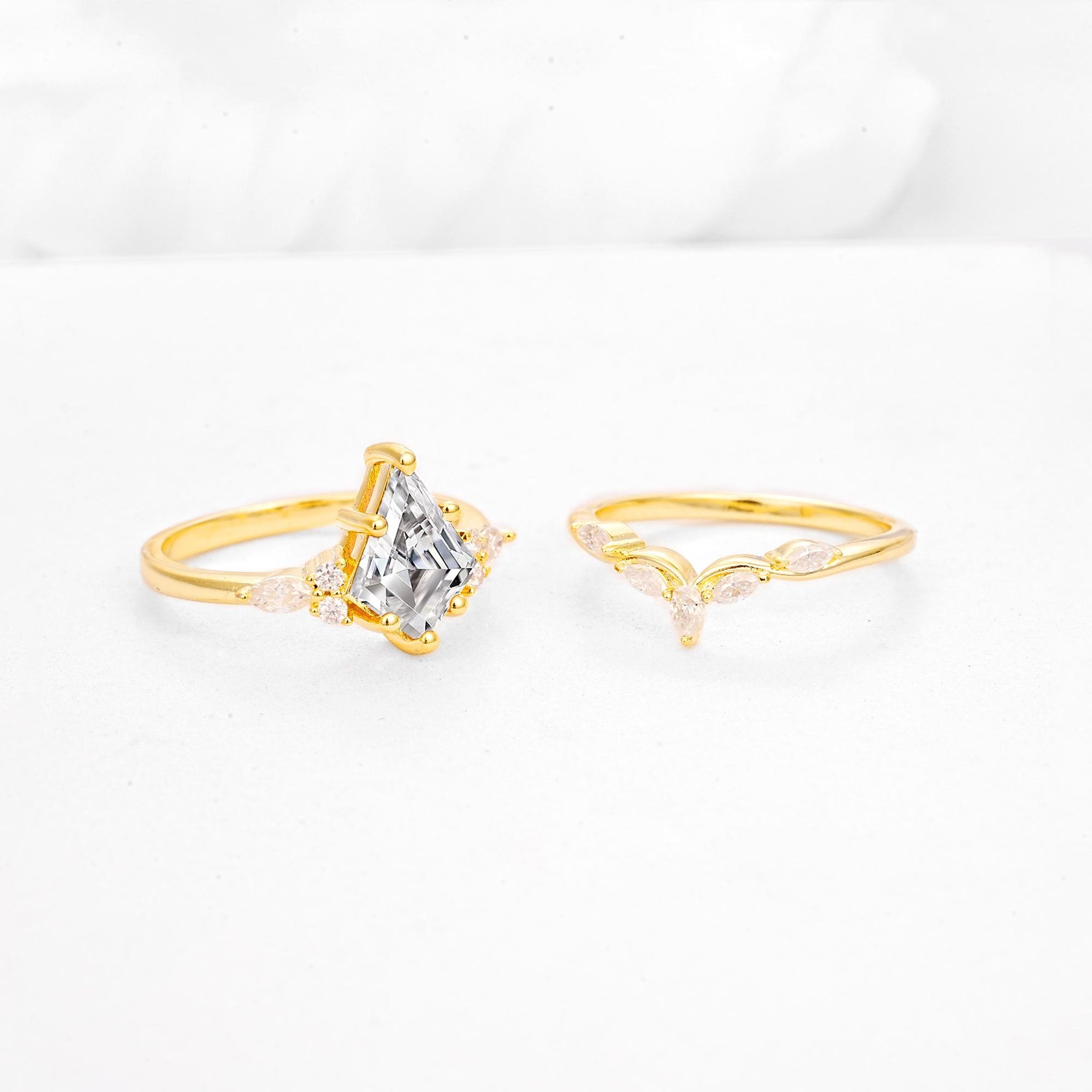 Kite Cut Lab Diamond Engagement Ring Set with Lotus Tiara Enhancer - Additional view