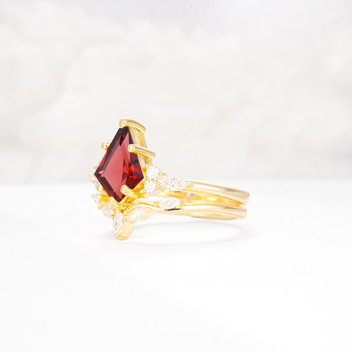 Kite Cut Garnet Engagement Ring Set with Lotus Tiara Enhancer - Rose-Gold