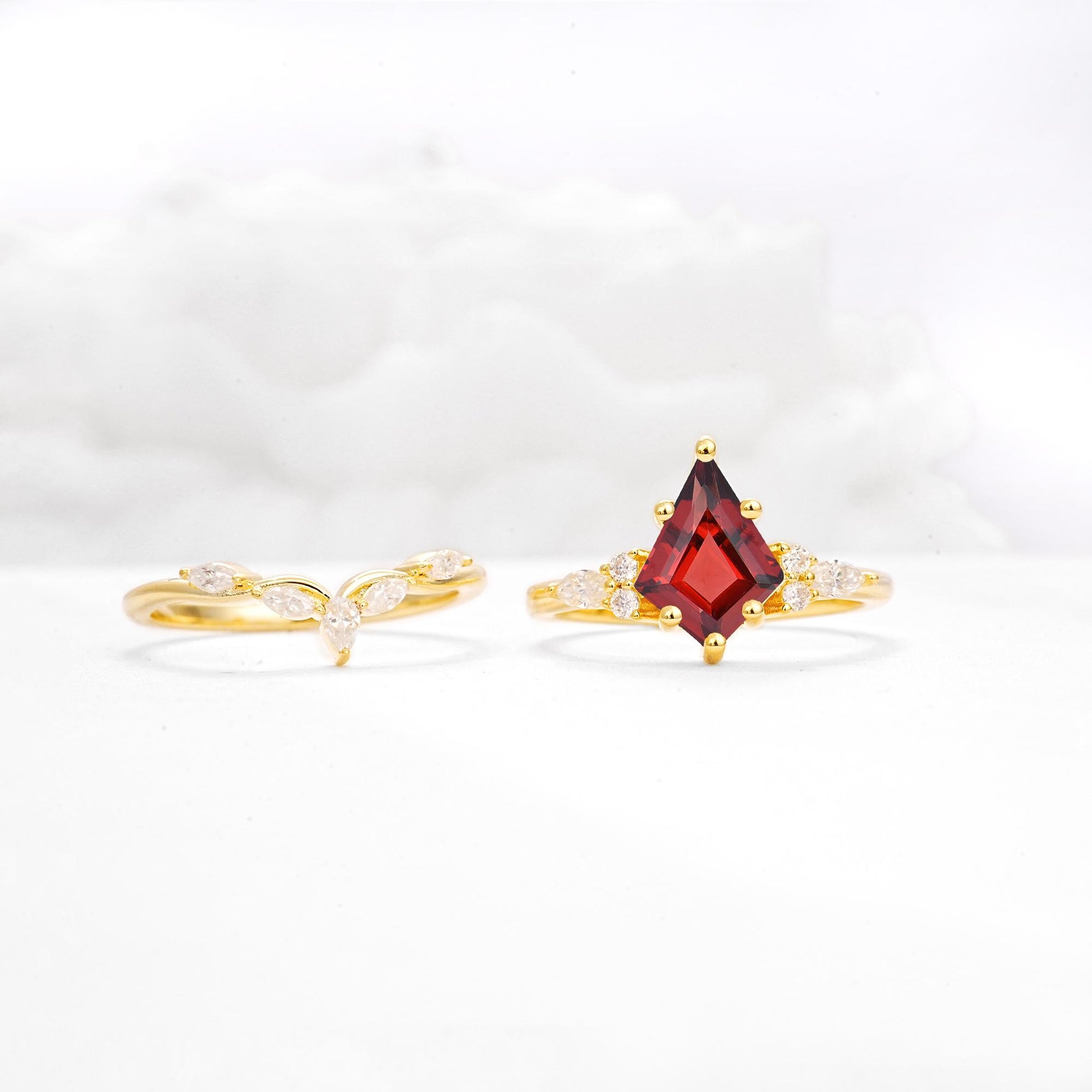 Kite Cut Garnet Engagement Ring Set with Lotus Tiara Enhancer - White-Gold