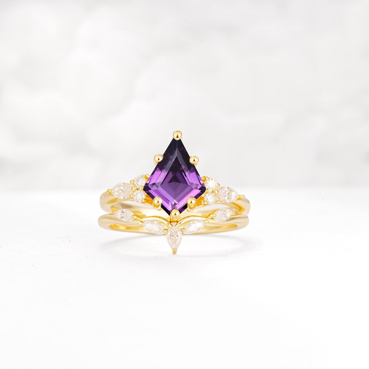 Kite Cut Amethyst Engagement Ring Set with Lotus Tiara Enhancer - Yellow-Gold