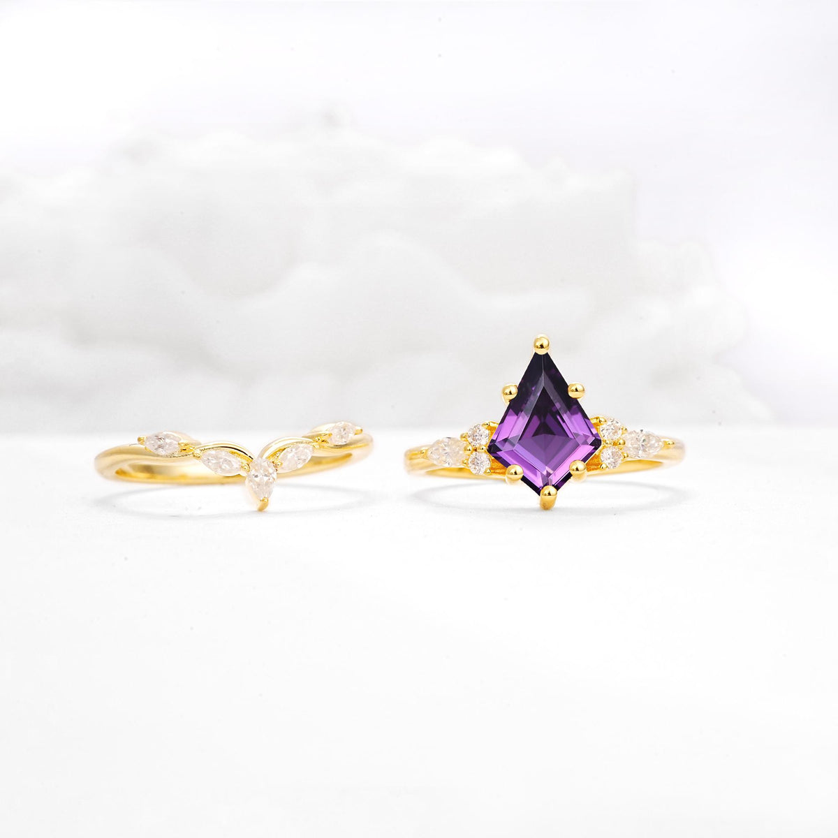 Kite Cut Amethyst Engagement Ring Set with Lotus Tiara Enhancer - White-Gold