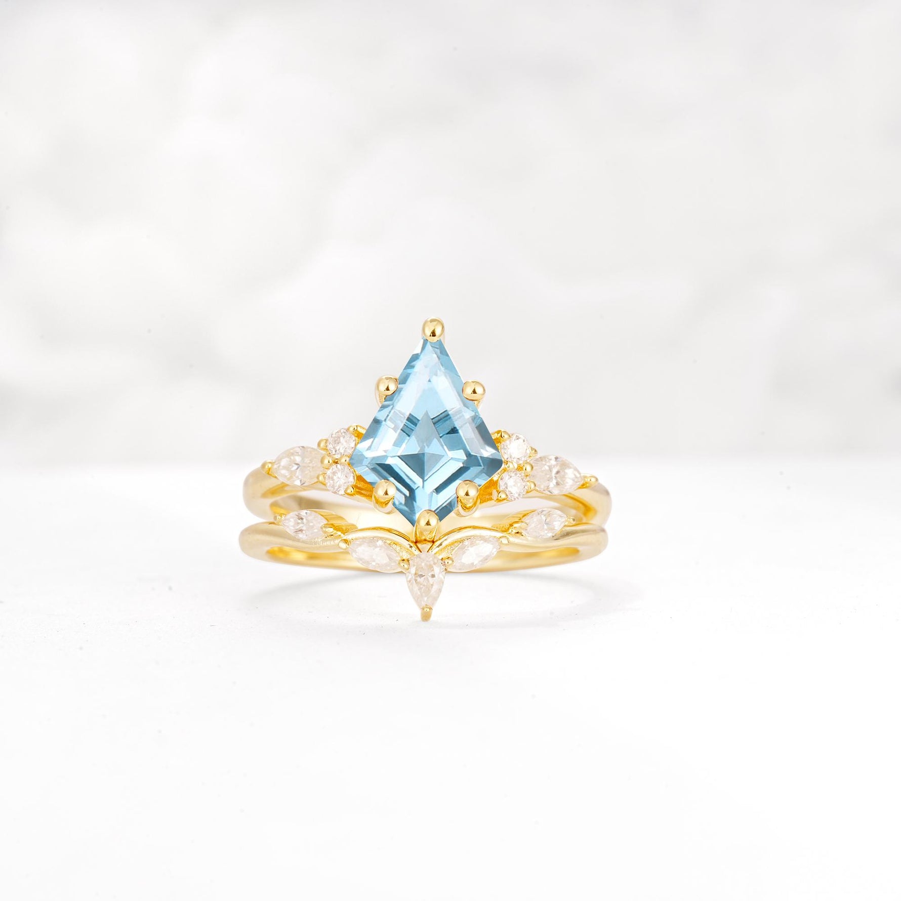 Kite Cut Aquamarine Engagement Ring Set with Lotus Tiara Enhancer - Yellow-Gold
