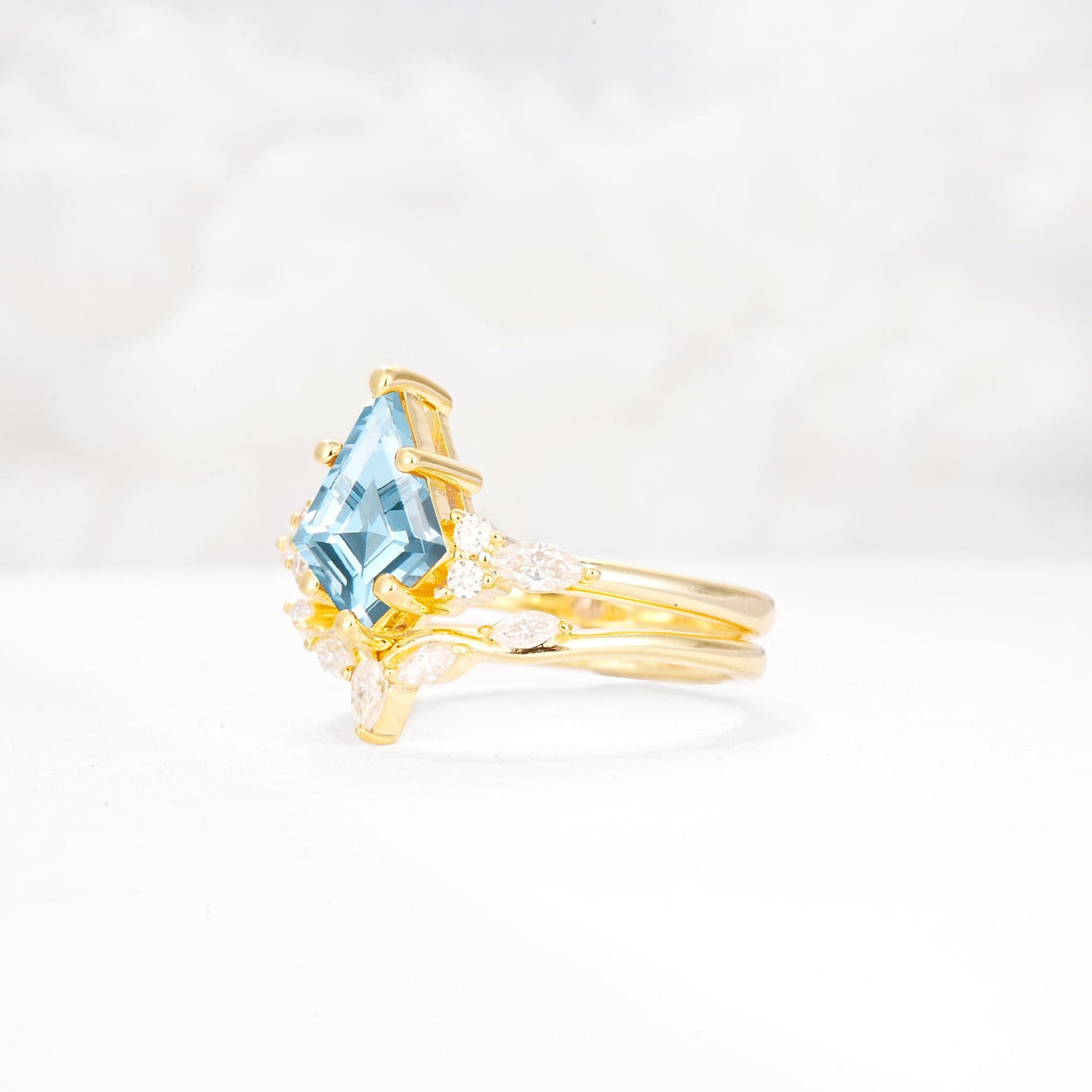 Kite Cut Aquamarine Engagement Ring Set with Lotus Tiara Enhancer - Rose-Gold