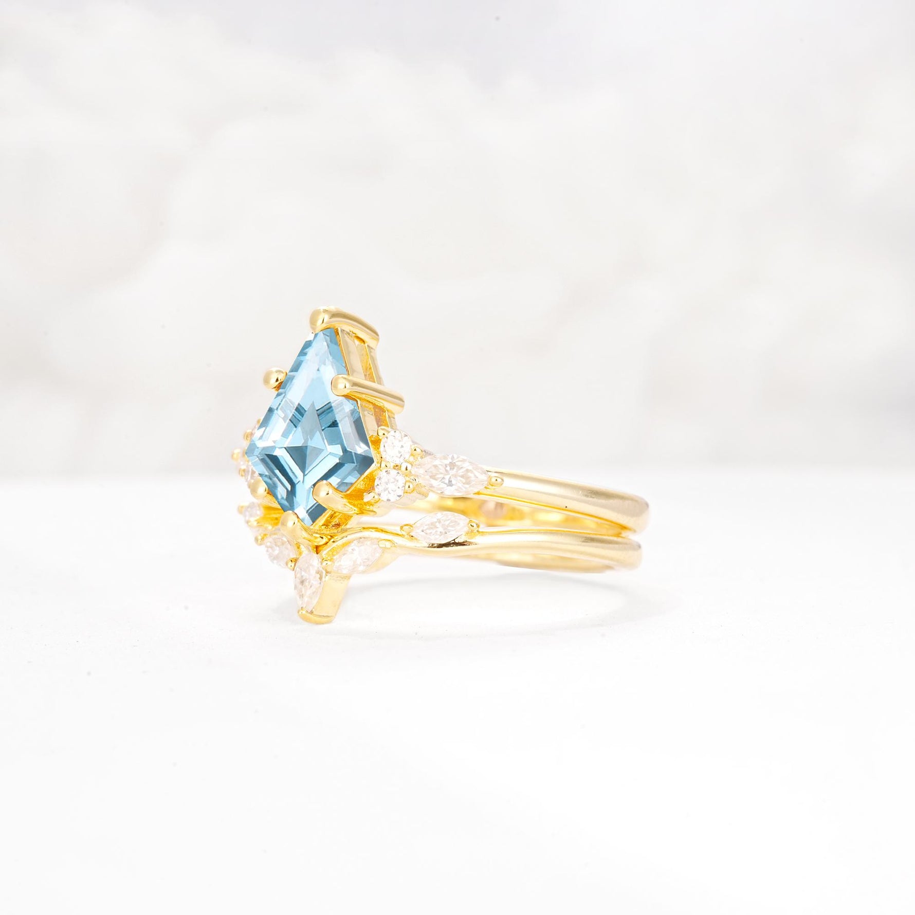 Kite Cut Aquamarine Engagement Ring Set with Lotus Tiara Enhancer - Rose-Gold
