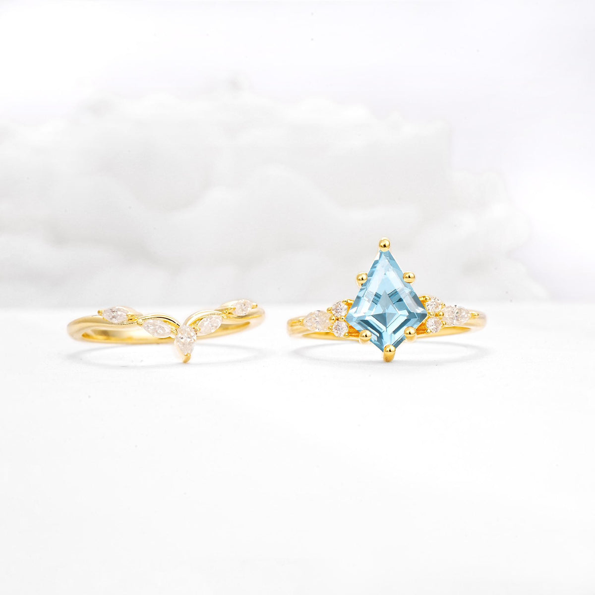 Kite Cut Aquamarine Engagement Ring Set with Lotus Tiara Enhancer - White-Gold