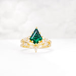 Kite Cut Emerald Engagement Ring Set with Lotus Tiara Enhancer - Yellow-Gold