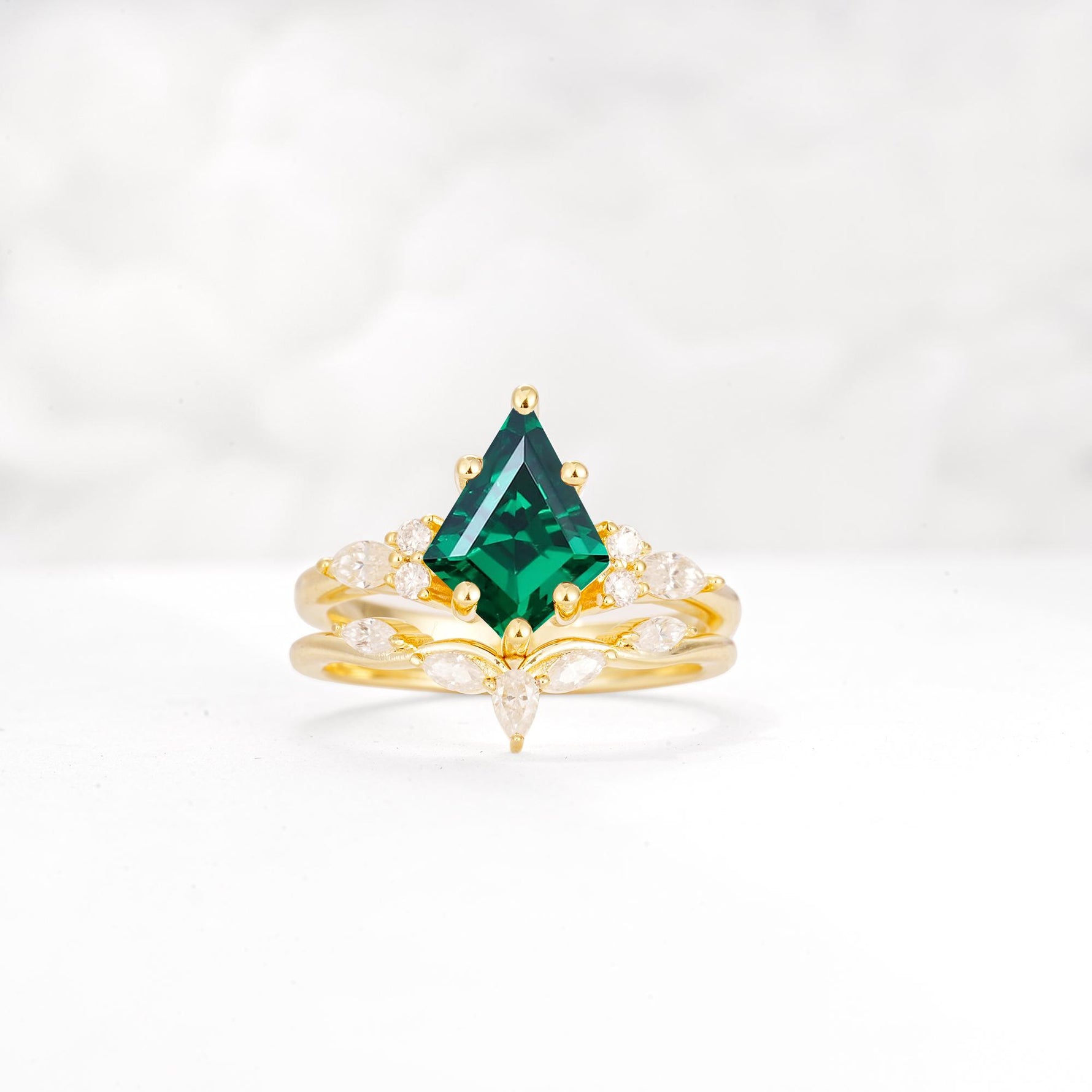 Kite Cut Emerald Engagement Ring Set with Lotus Tiara Enhancer - Yellow-Gold