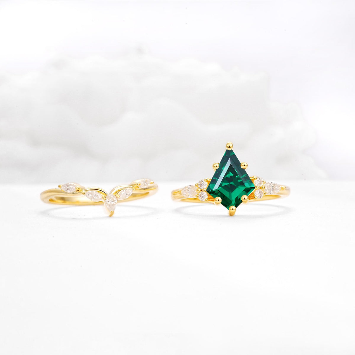 Kite Cut Emerald Engagement Ring Set with Lotus Tiara Enhancer - White-Gold