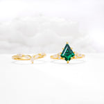 Kite Cut Emerald Engagement Ring Set with Lotus Tiara Enhancer - White-Gold