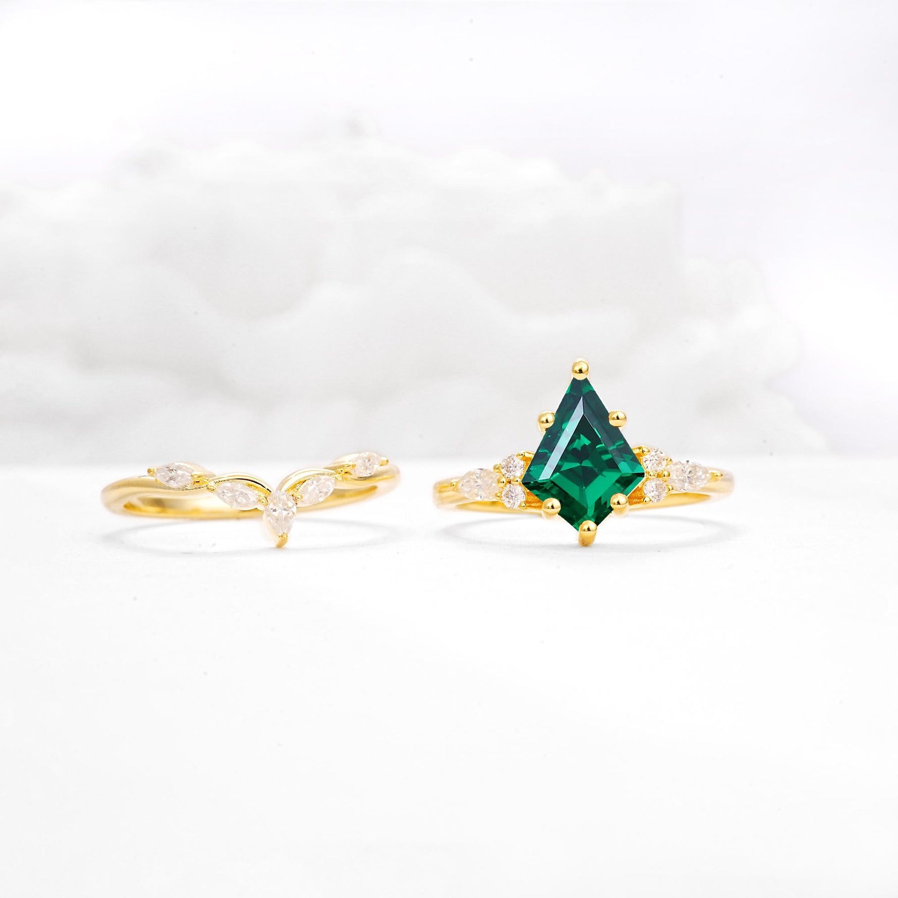 Kite Cut Emerald Engagement Ring Set with Lotus Tiara Enhancer - White-Gold