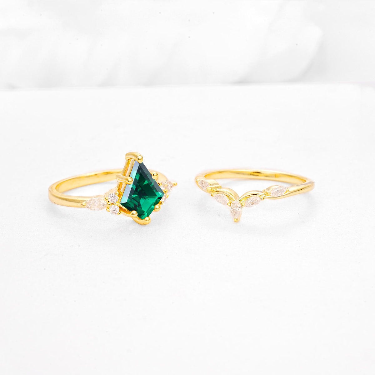 Kite Cut Emerald Engagement Ring Set with Lotus Tiara Enhancer - Additional view