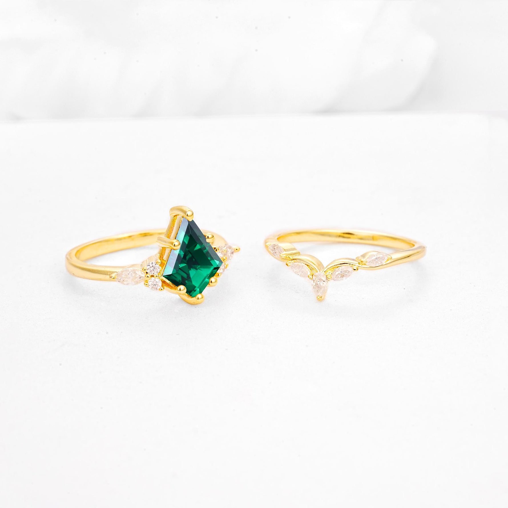 Kite Cut Emerald Engagement Ring Set with Lotus Tiara Enhancer - Additional view