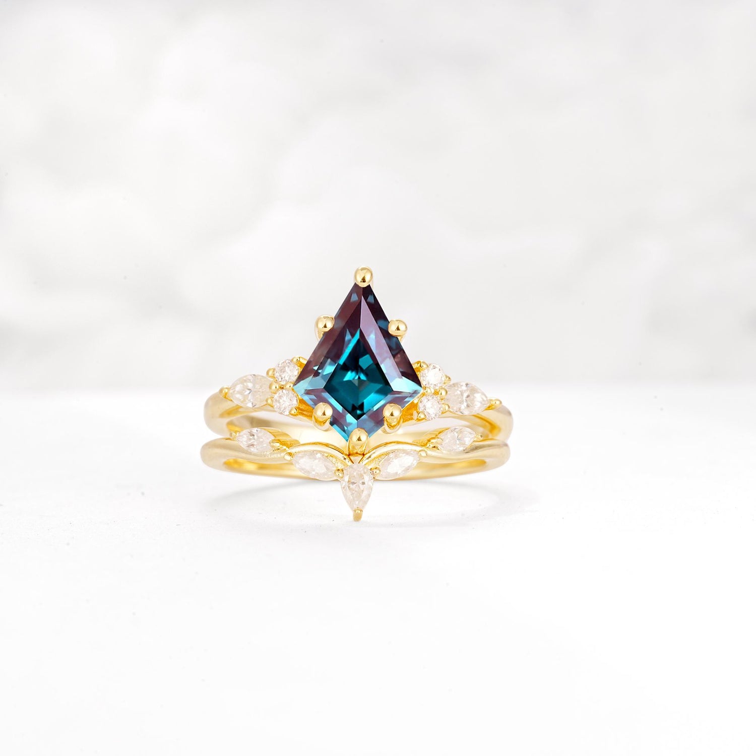 Kite Cut Alexandrite Engagement Ring Set with Lotus Tiara Enhancer - Yellow-Gold