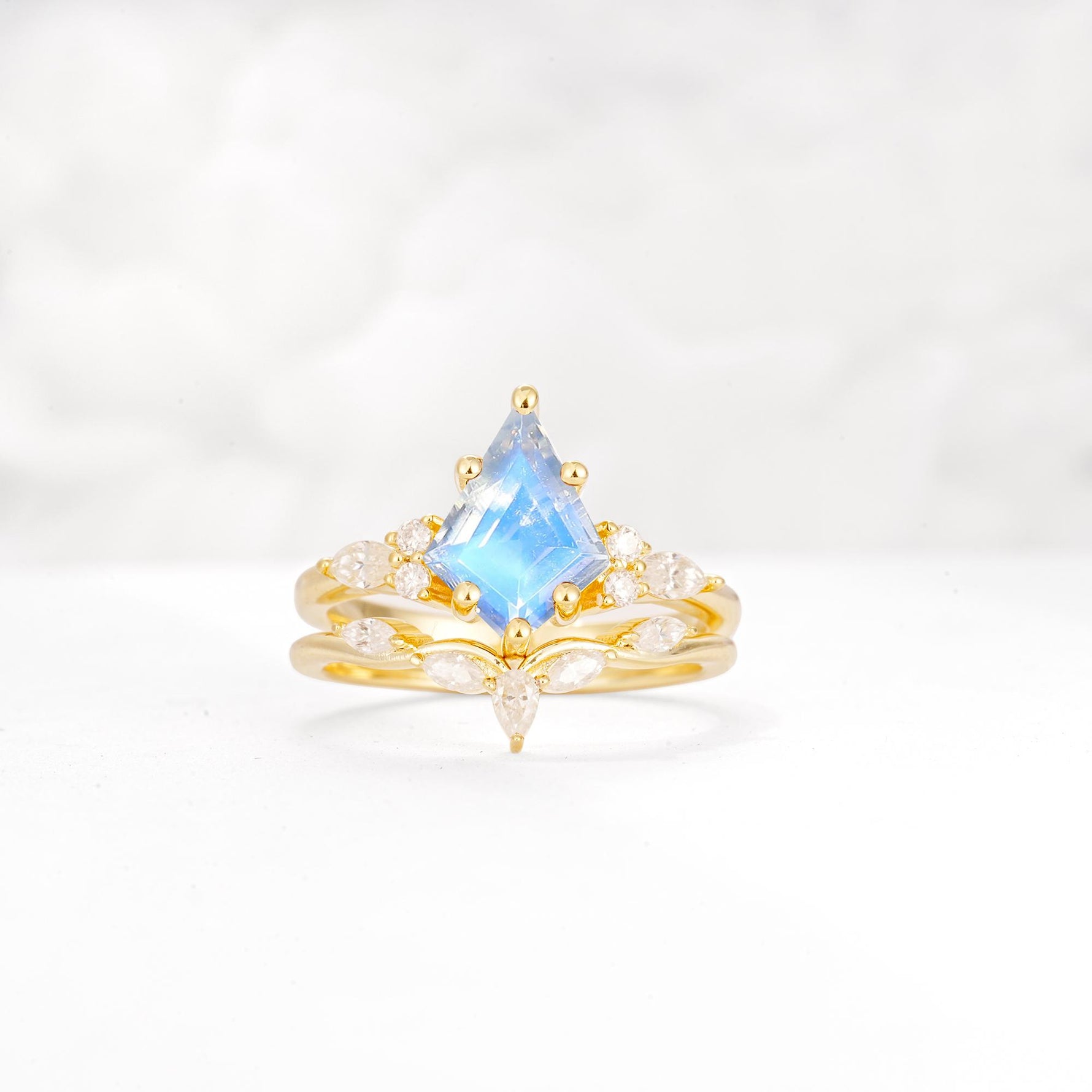 Kite Cut Moonstone Engagement Ring Set with Lotus Tiara Enhancer - Yellow-Gold