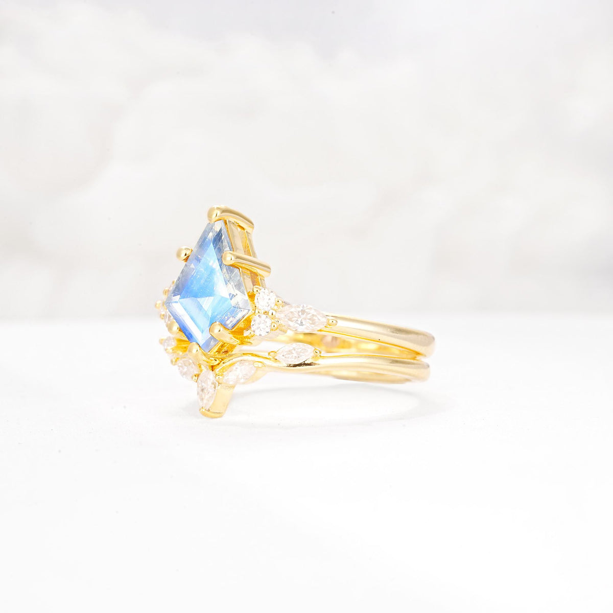 Kite Cut Moonstone Engagement Ring Set with Lotus Tiara Enhancer - Rose-Gold