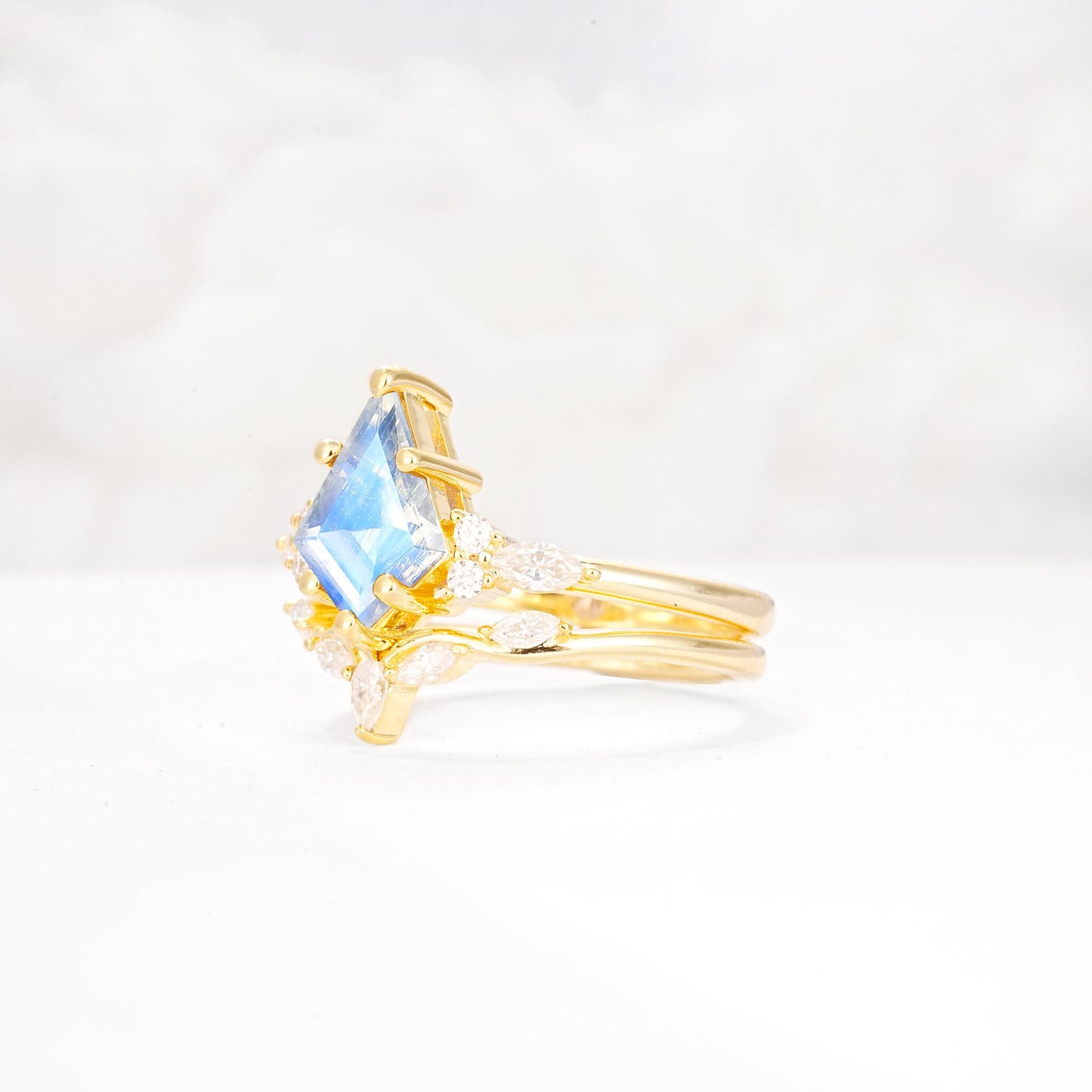 Kite Cut Moonstone Engagement Ring Set with Lotus Tiara Enhancer - Rose-Gold