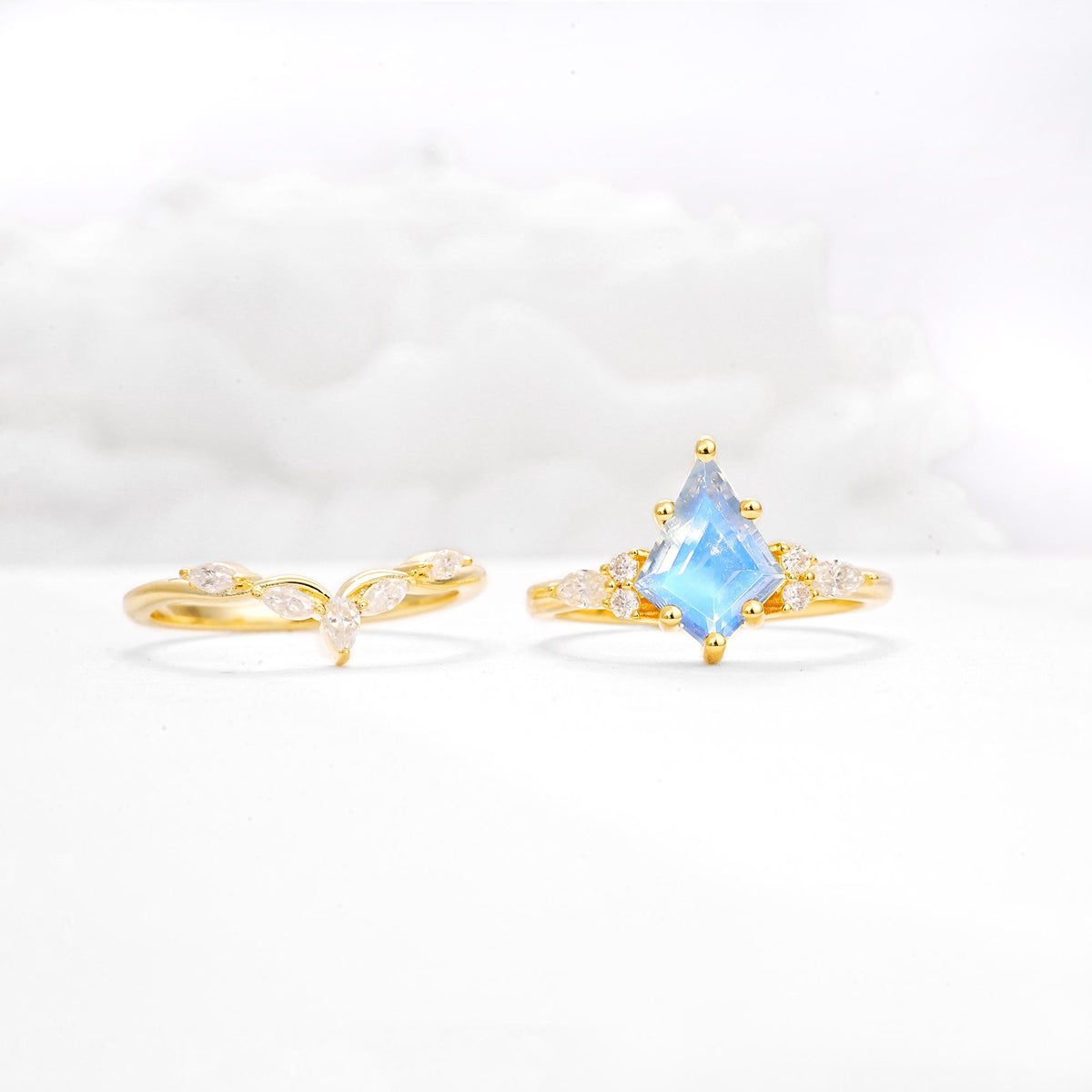 Kite Cut Moonstone Engagement Ring Set with Lotus Tiara Enhancer - White-Gold