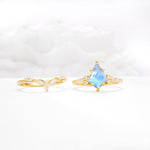 Kite Cut Moonstone Engagement Ring Set with Lotus Tiara Enhancer - White-Gold