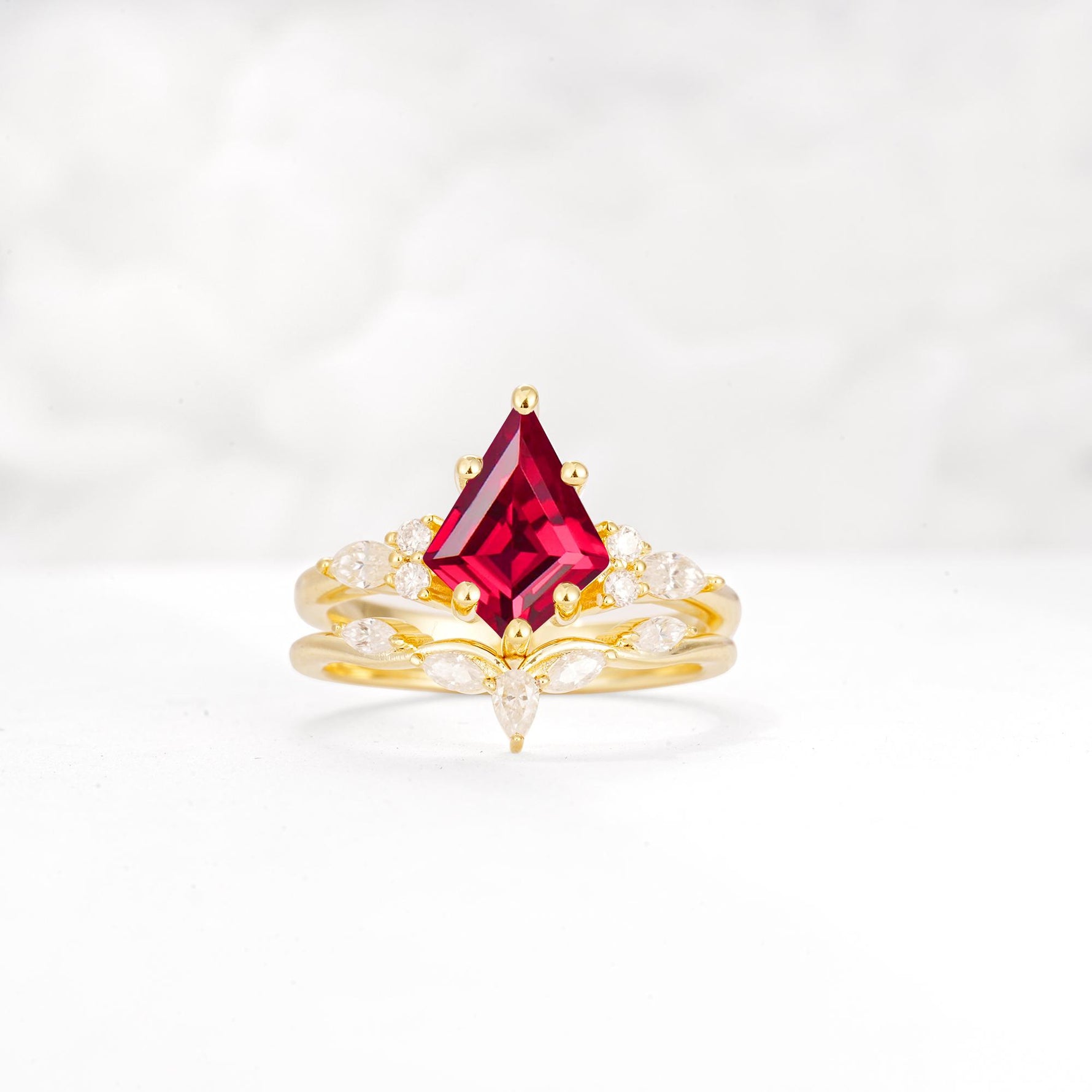 Kite Cut Ruby Engagement Ring Set with Lotus Tiara Enhancer - Yellow-Gold