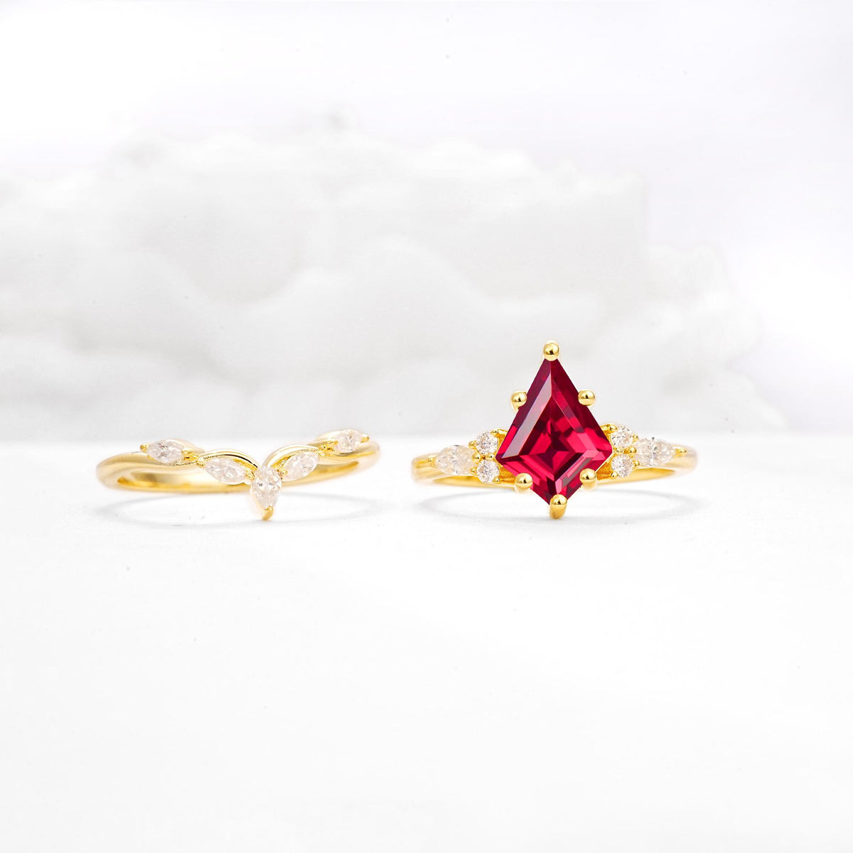 Kite Cut Ruby Engagement Ring Set with Lotus Tiara Enhancer - White-Gold