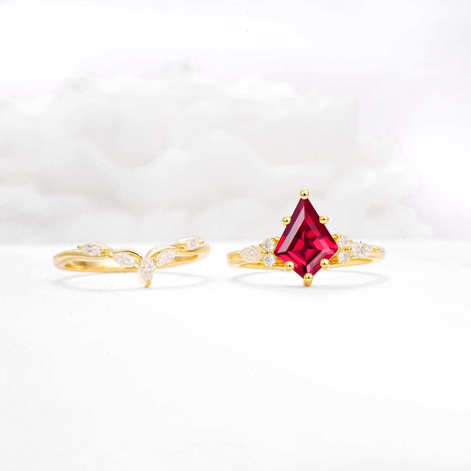 Kite Cut Ruby Engagement Ring Set with Lotus Tiara Enhancer - White-Gold
