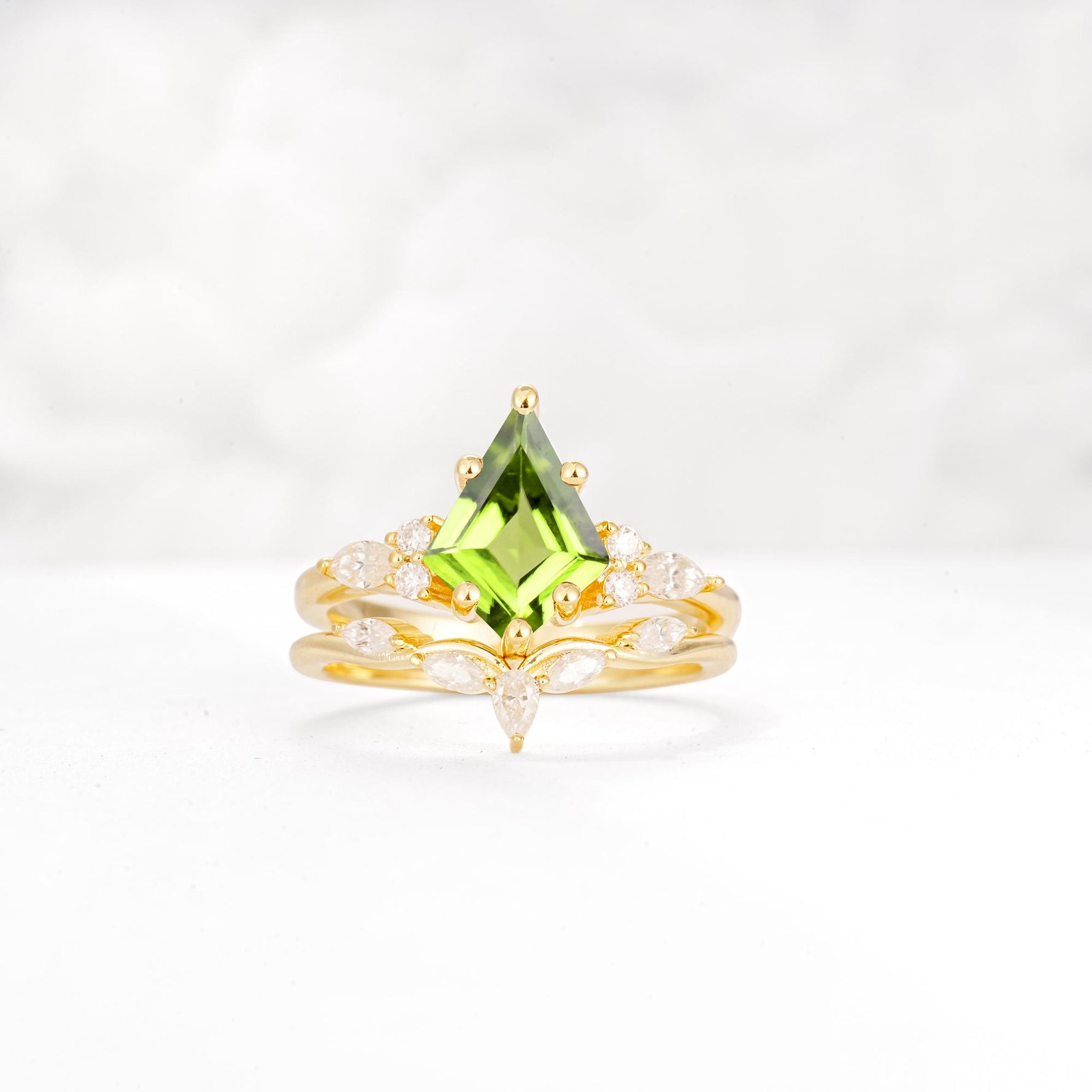 Kite Cut Peridot Engagement Ring Set with Lotus Tiara Enhancer - Yellow-Gold