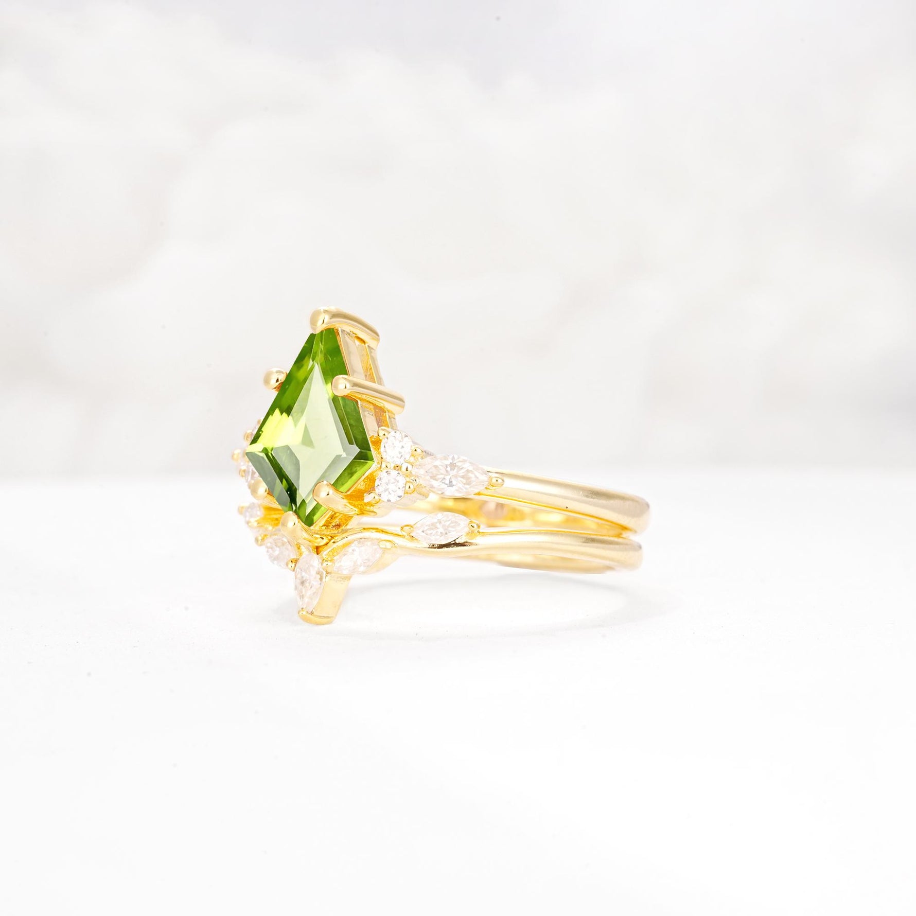 Kite Cut Peridot Engagement Ring Set with Lotus Tiara Enhancer - Rose-Gold