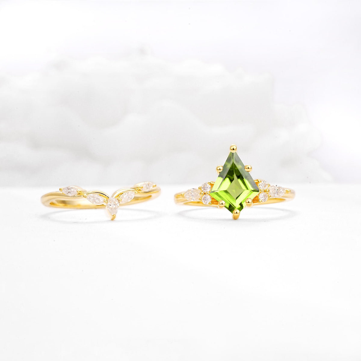 Kite Cut Peridot Engagement Ring Set with Lotus Tiara Enhancer - White-Gold