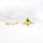 Kite Cut Peridot Engagement Ring Set with Lotus Tiara Enhancer - White-Gold