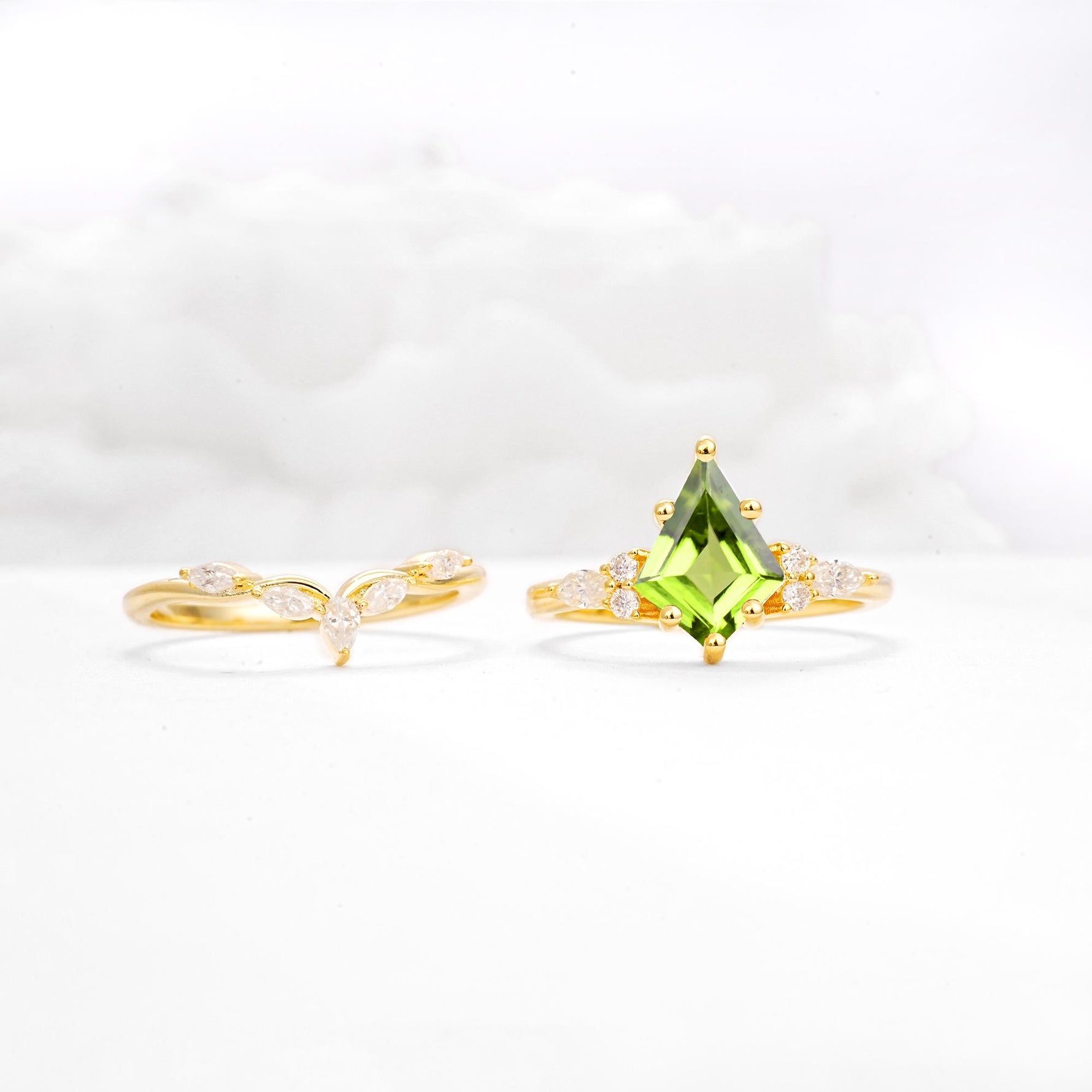 Kite Cut Peridot Engagement Ring Set with Lotus Tiara Enhancer - White-Gold