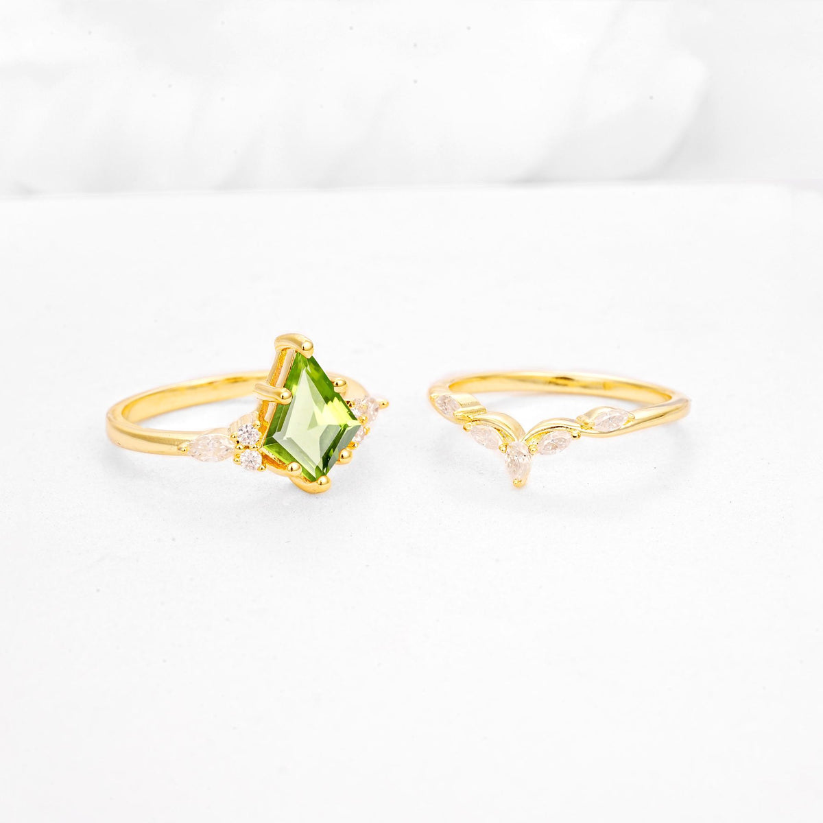 Kite Cut Peridot Engagement Ring Set with Lotus Tiara Enhancer - Additional view
