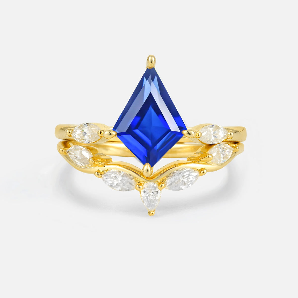 Kite Cut Sapphire Leaf Chevron Bridal Ring Set - Yellow-Gold