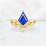 Kite Cut Sapphire Leaf Chevron Bridal Ring Set - Yellow-Gold