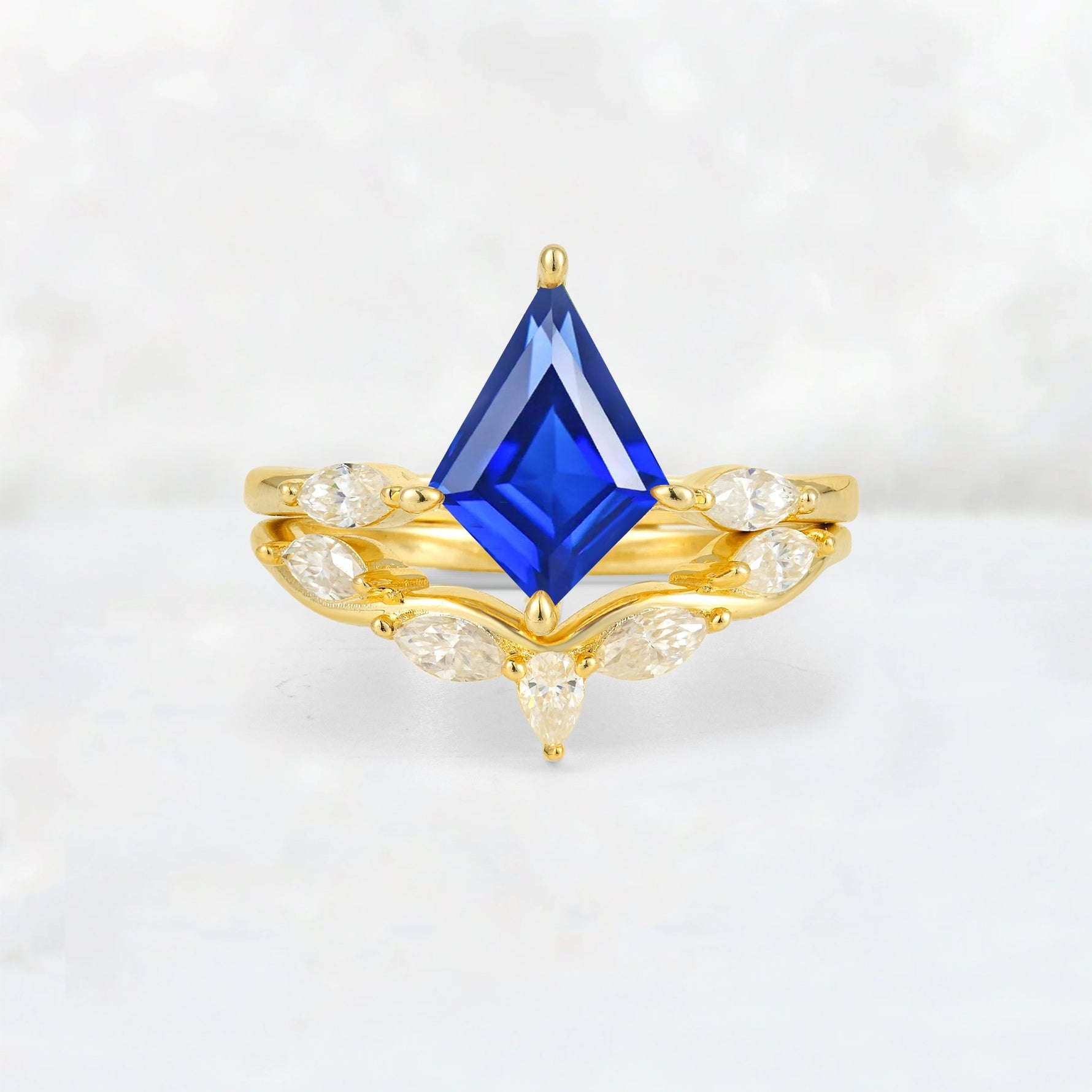 Kite Cut Sapphire Leaf Chevron Bridal Ring Set - Yellow-Gold