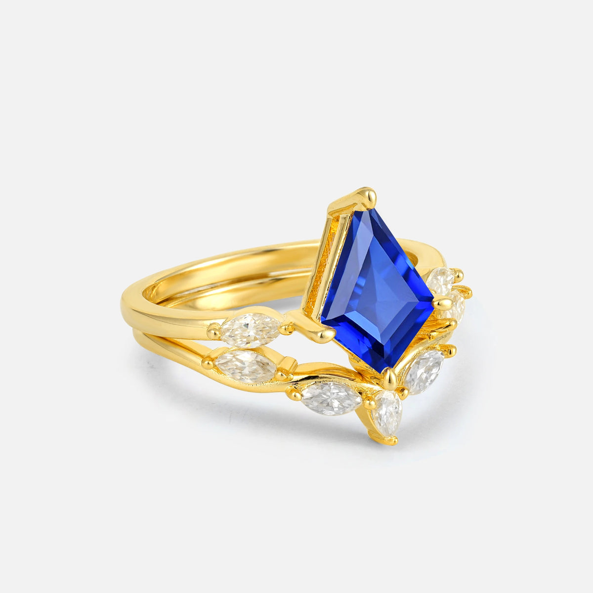 Kite Cut Sapphire Leaf Chevron Bridal Ring Set - Rose-Gold