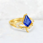 Kite Cut Sapphire Leaf Chevron Bridal Ring Set - Rose-Gold