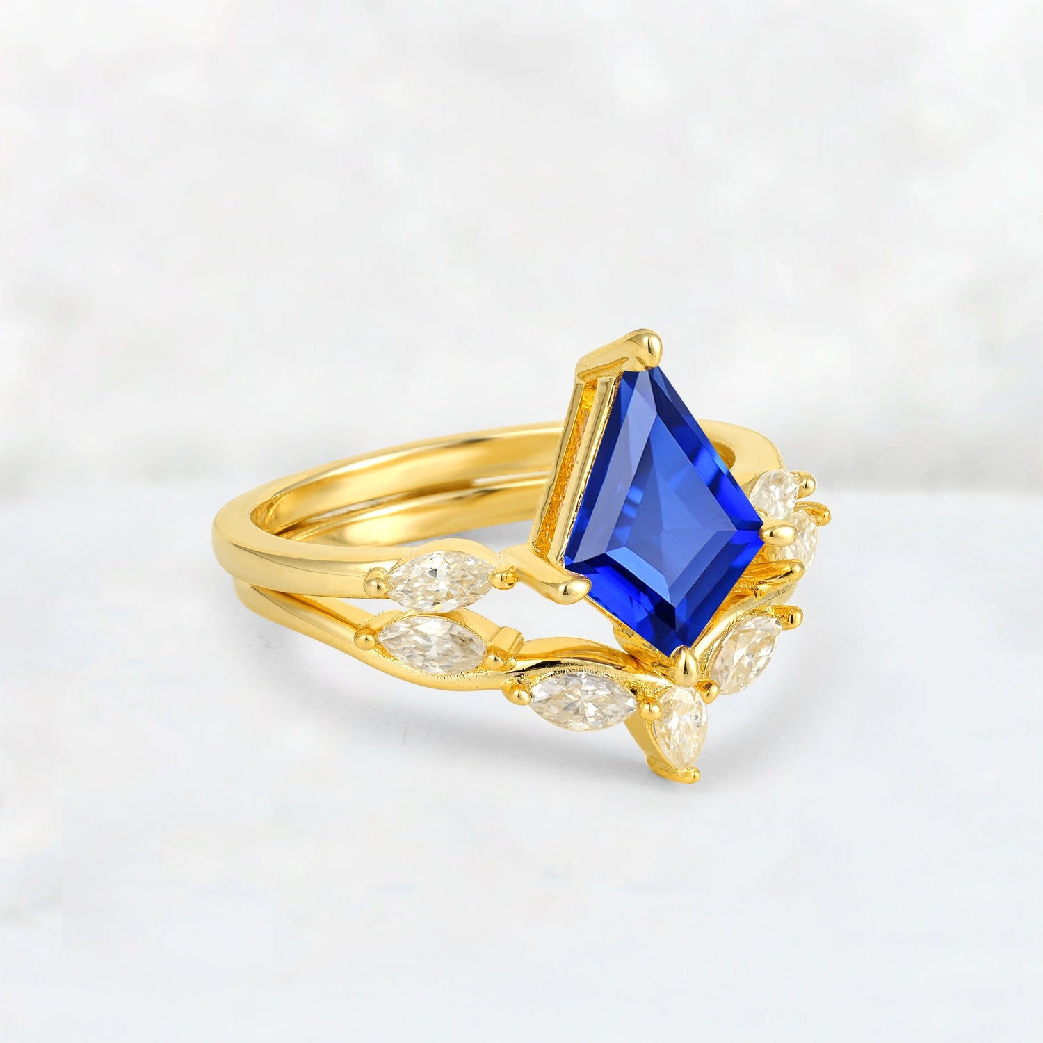 Kite Cut Sapphire Leaf Chevron Bridal Ring Set - Rose-Gold